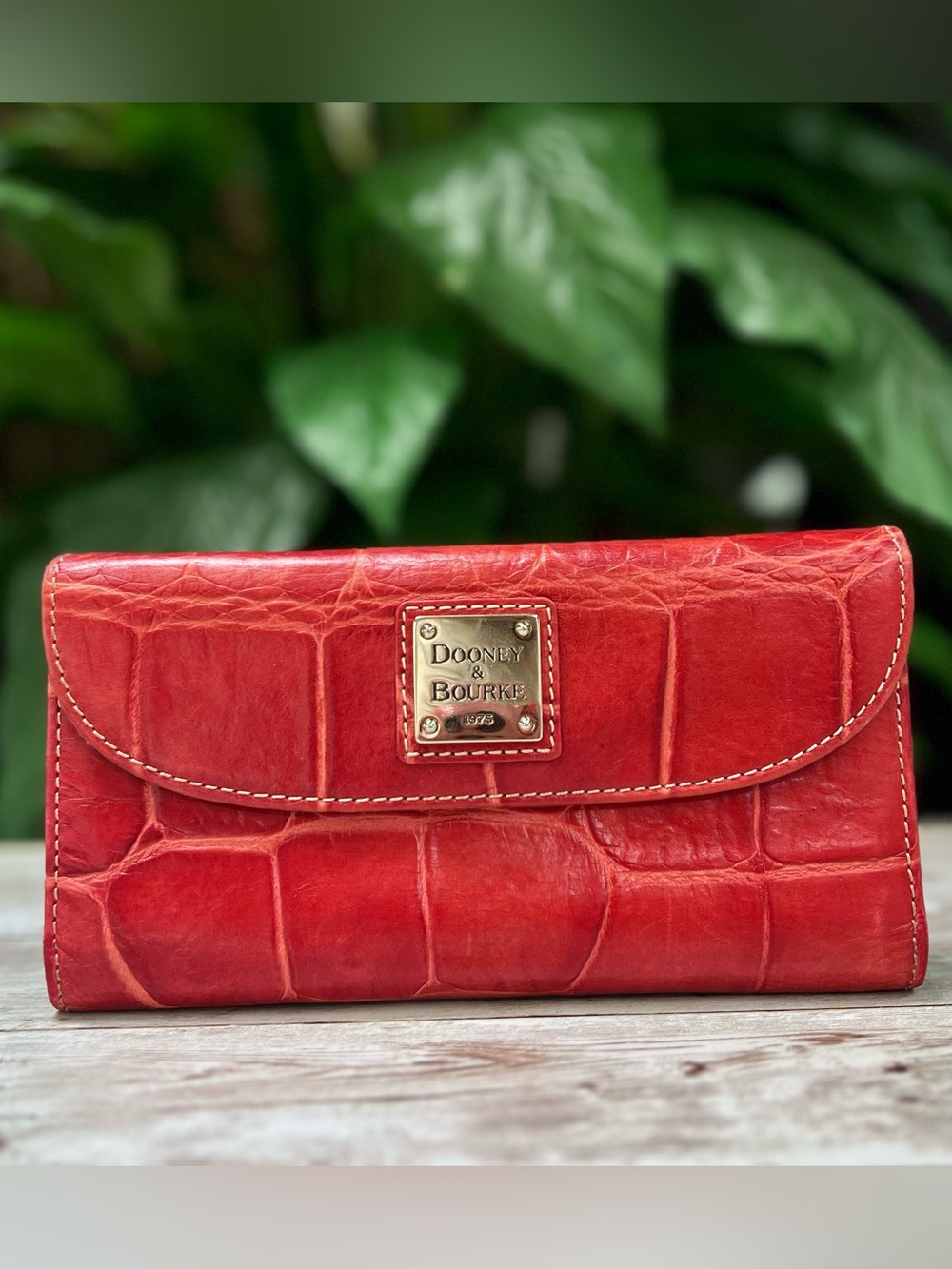 Dooney & Bourke Red Croc-Embossed Flap Wallet with Logo Plaque